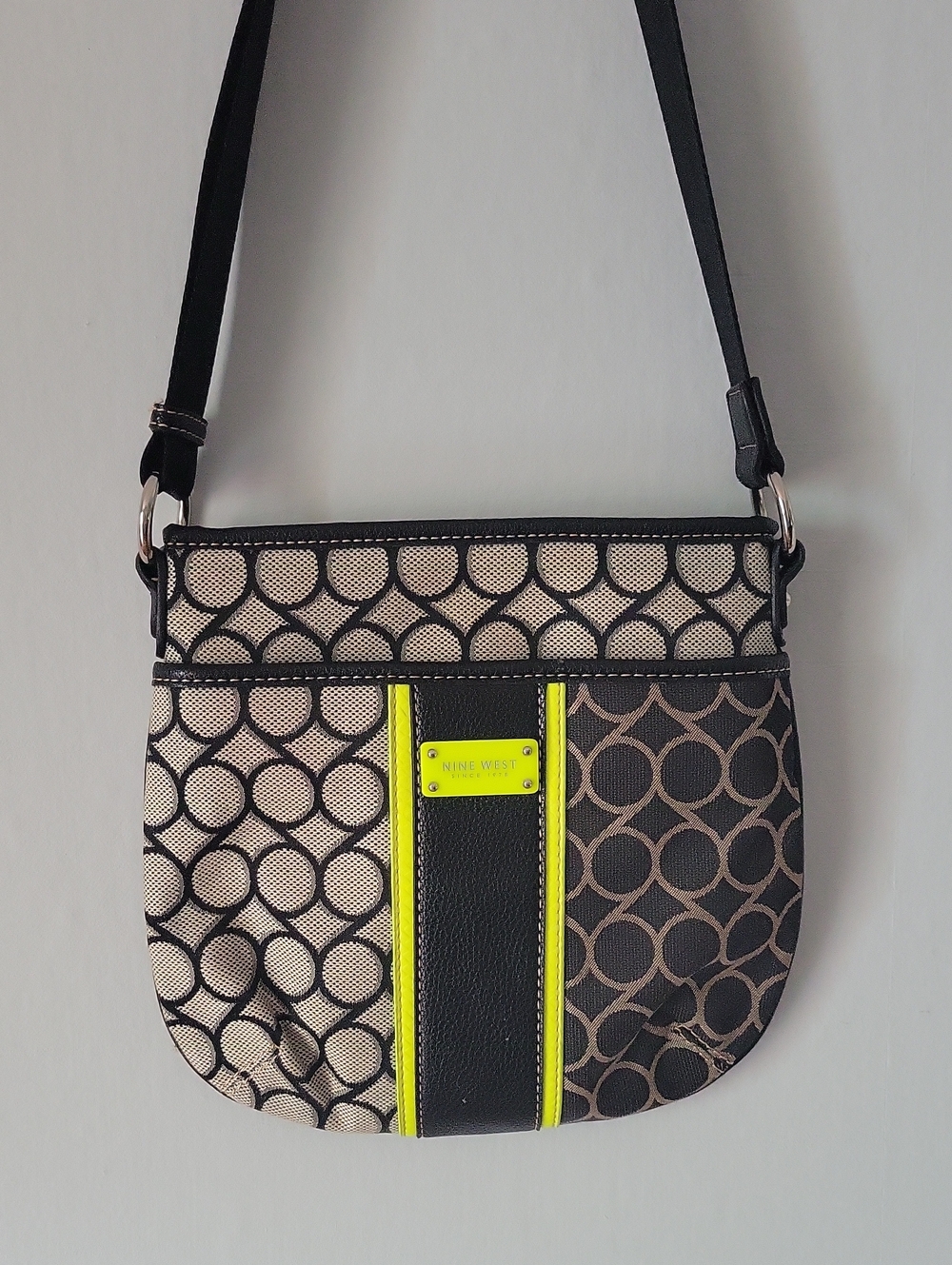 Nine West Black and Beige Patterned Crossbody with Neon Trim